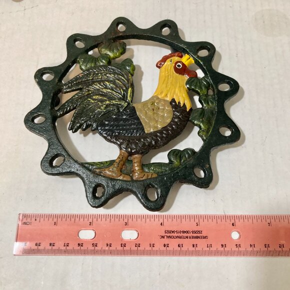 Vintage Cast Iron Rooster Trivet Pot Holder Hand Painted Country Cottage Core - Picture 7 of 8